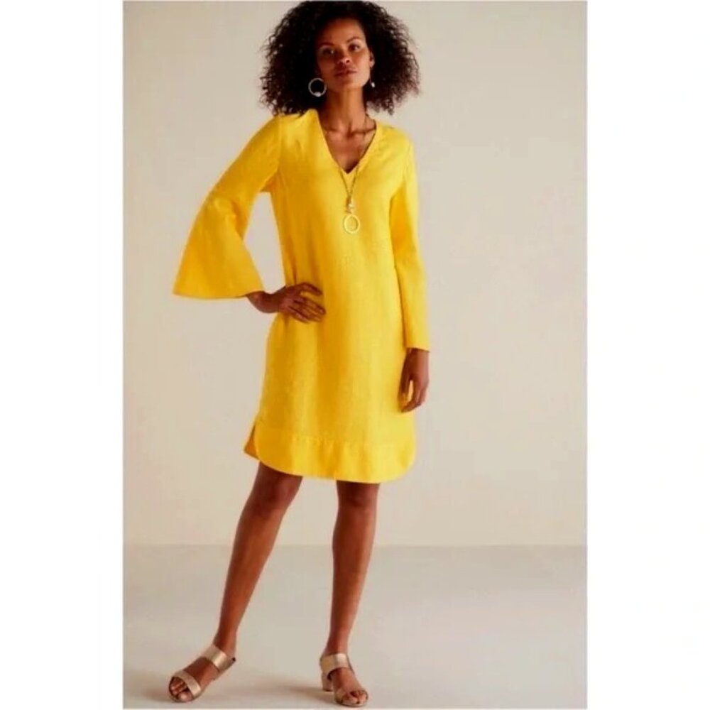 Soft Surroundings NWT Milano Linen Dress Size PXL Sunstruck Yellow Bell Sleeves